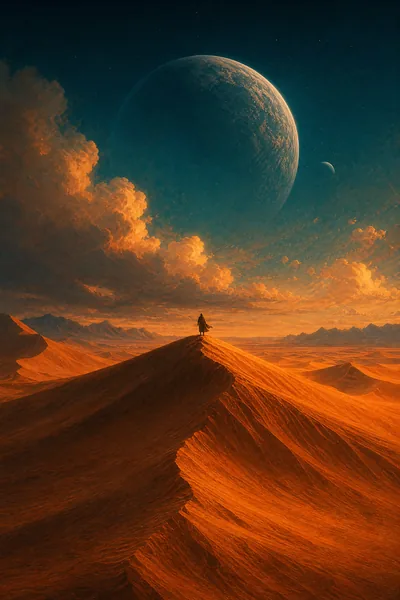 科幻史诗《沙丘2》电影海报，主角独自伫立在橙色沙丘之巅